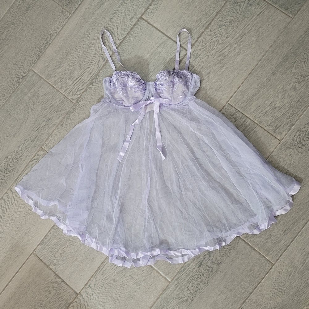Vintage Private Luxuries Nightie Baby Doll Sheer Lace Cami Lavander Purple SMALL